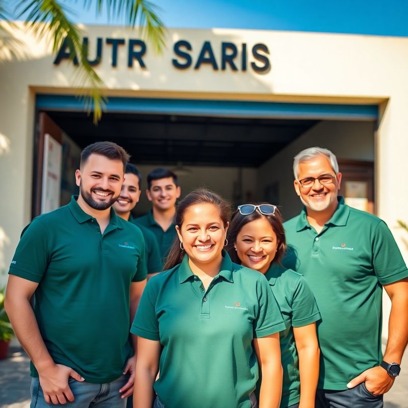 Equipe da oficina em polos verde-floresta sorrindo diante da fachada creme em Recife